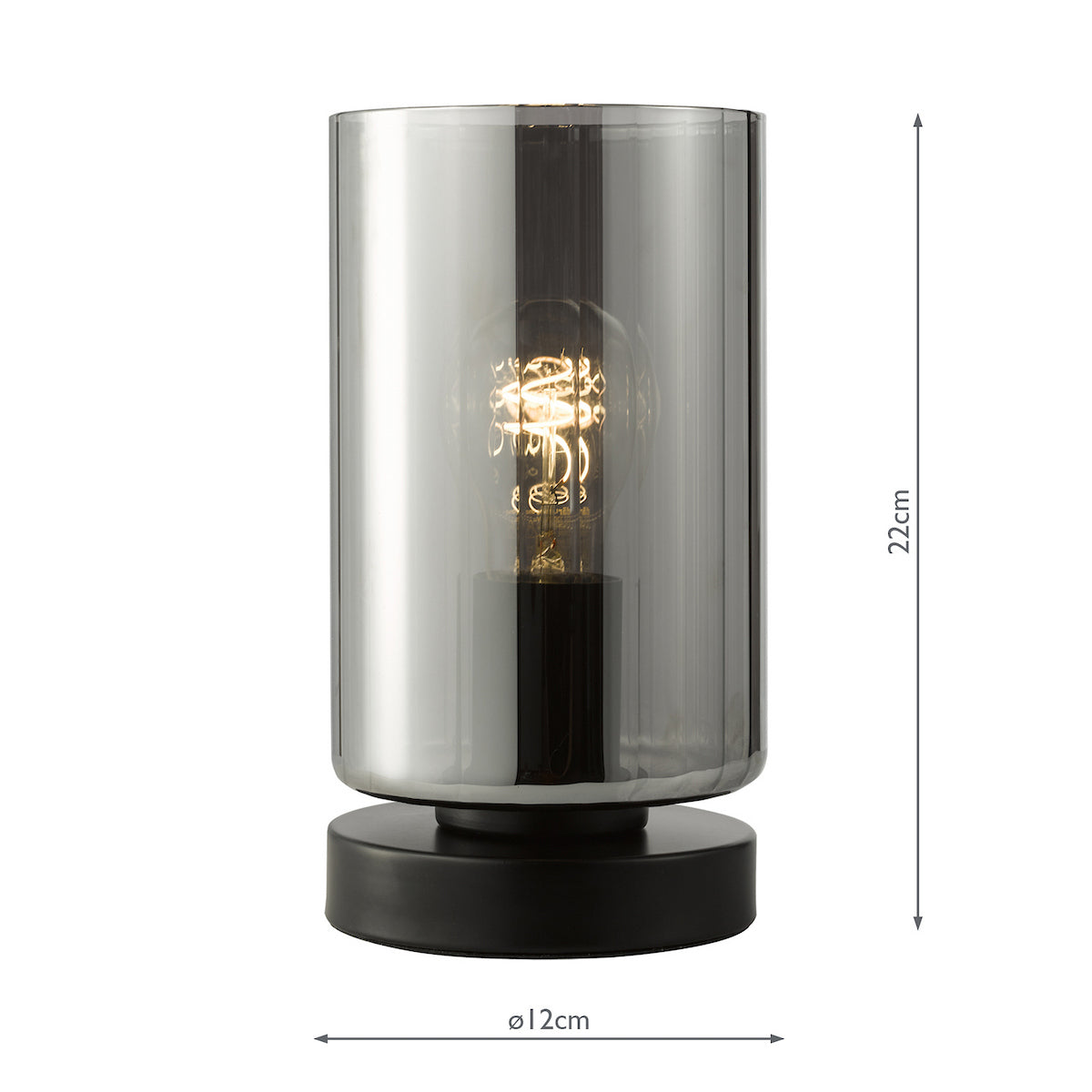 Table lamp with smoked glass shade and black base, showing dimensions of 22cm height and 12cm diameter