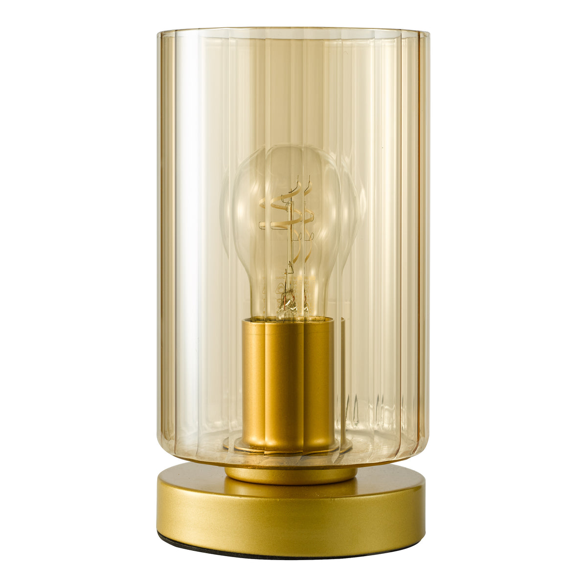 Amber ribbed glass table lamp with a gold base and a visible spiral filament bulb