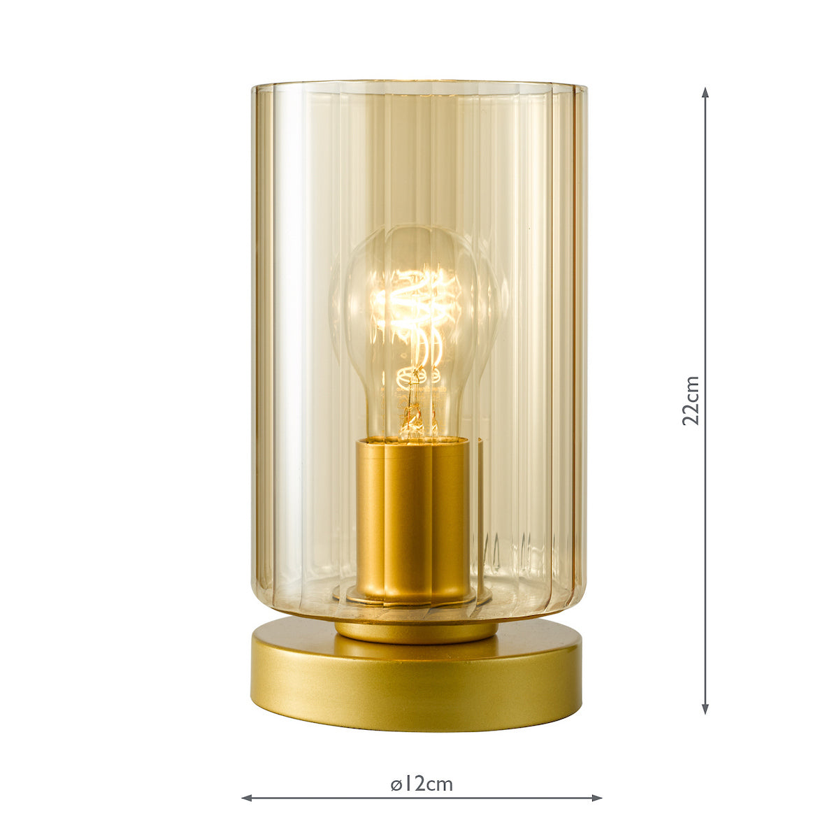 Amber ribbed glass table lamp with a gold base and exposed filament bulb, 22cm high and 12cm wide