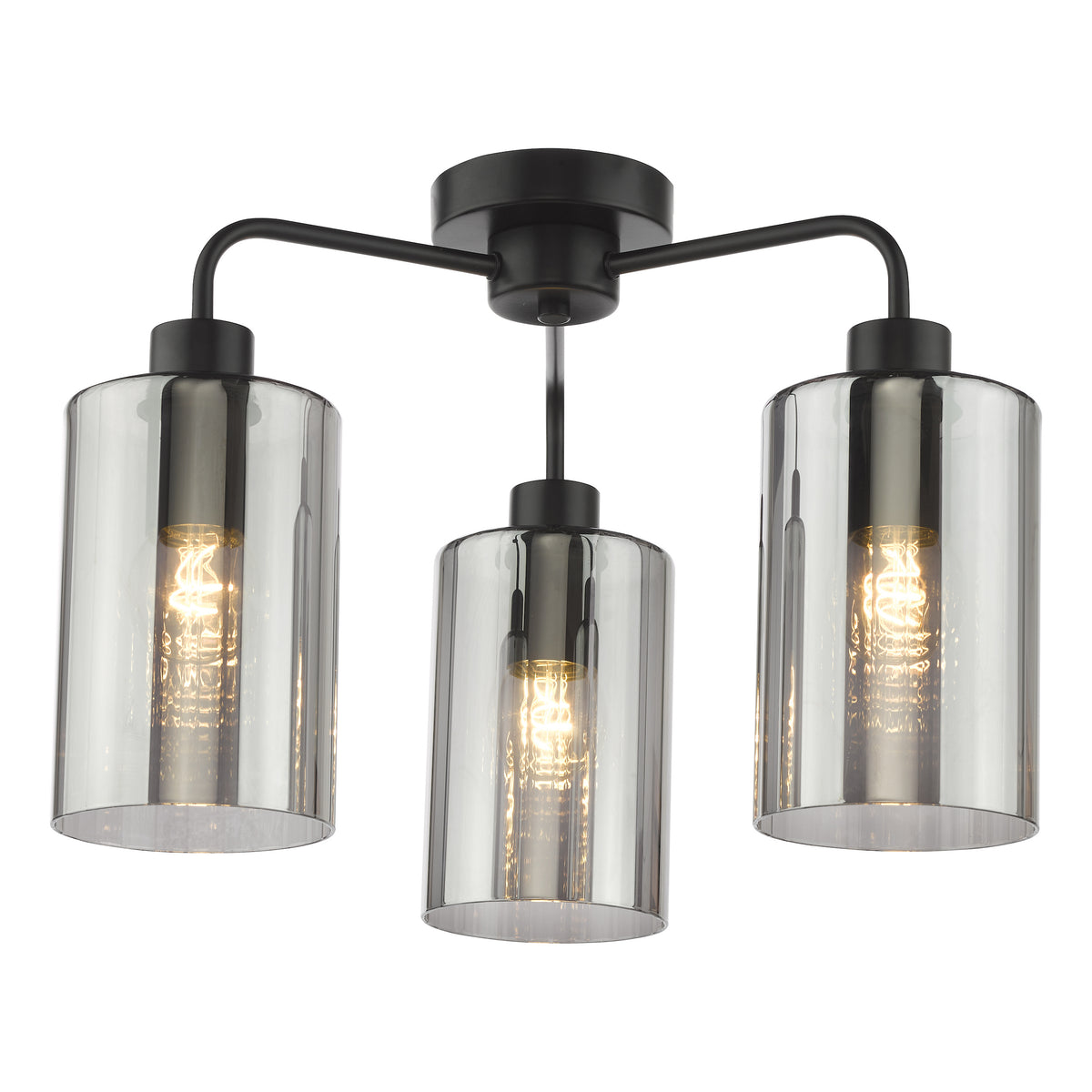 Black three-light ceiling fixture with cylindrical smoked glass shades