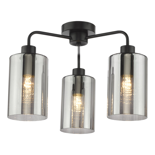 Black three-light ceiling fixture with cylindrical smoked glass shades