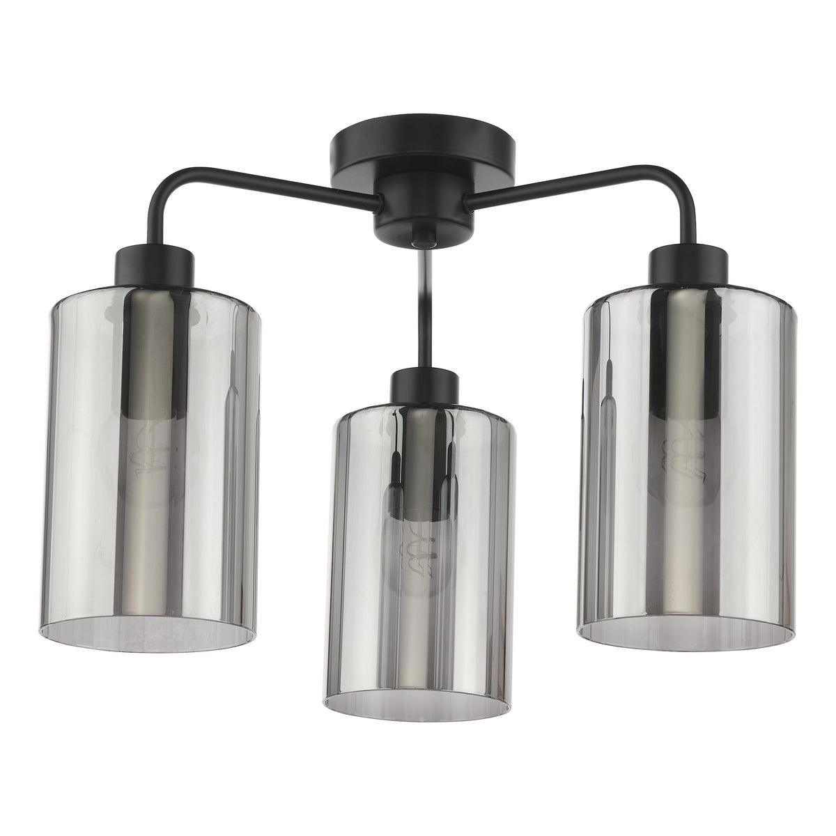 Black metal ceiling light with three arms, each holding a cylindrical smoked glass shade with an exposed bulb