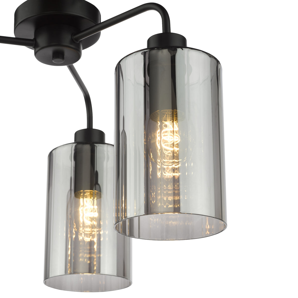 Black ceiling light with three arms and cylindrical smoked glass shades