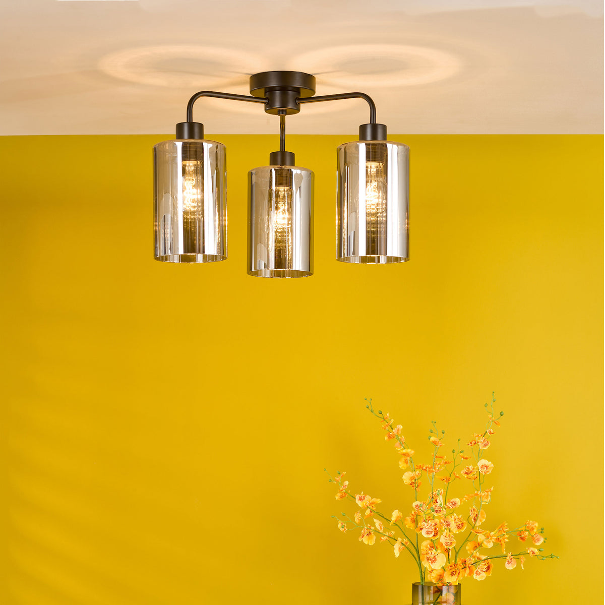 Three-light ceiling fixture with smoked glass shades and a dark bronze finish