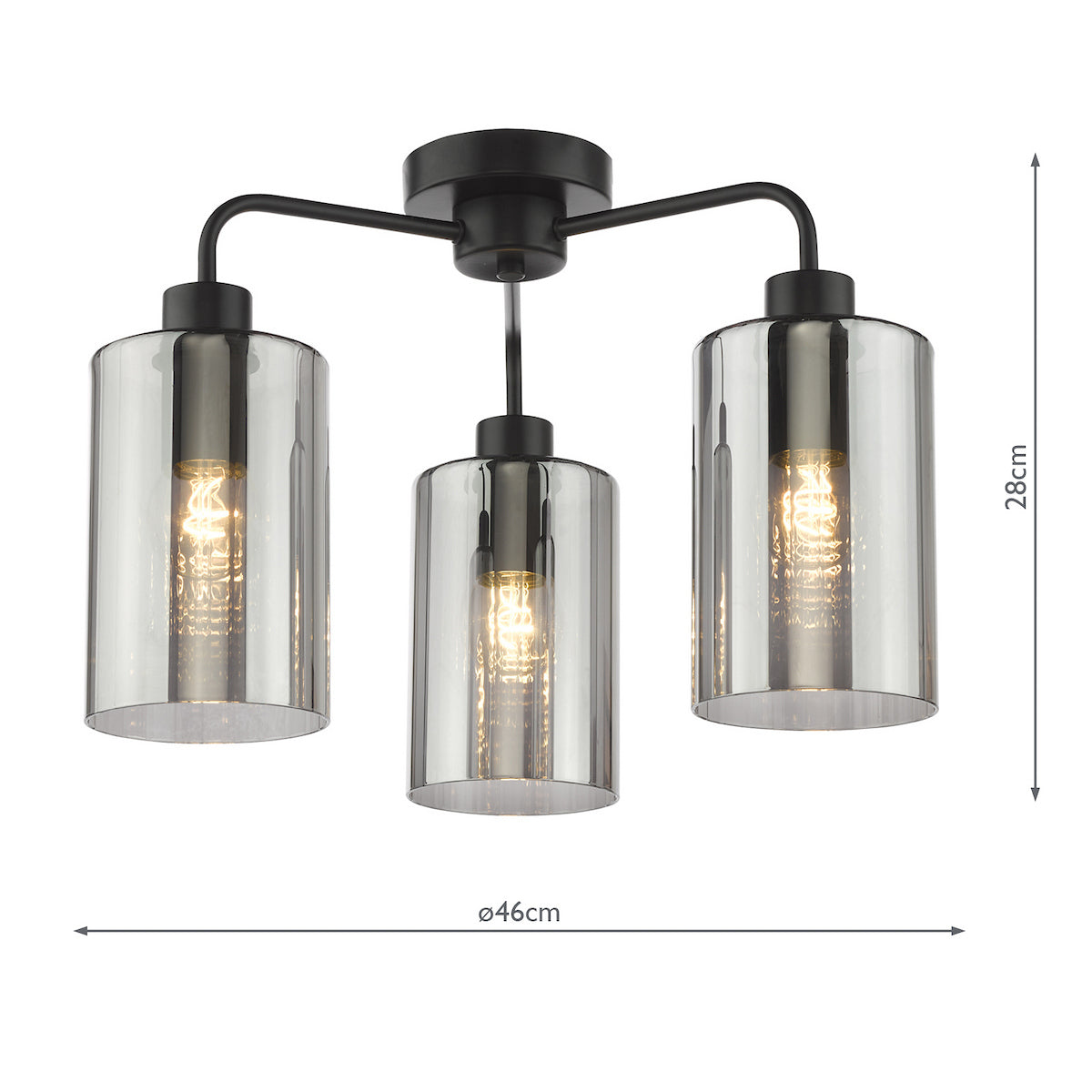 Three light ceiling fitting with smoke glass shades and black metalwork, with dimensions