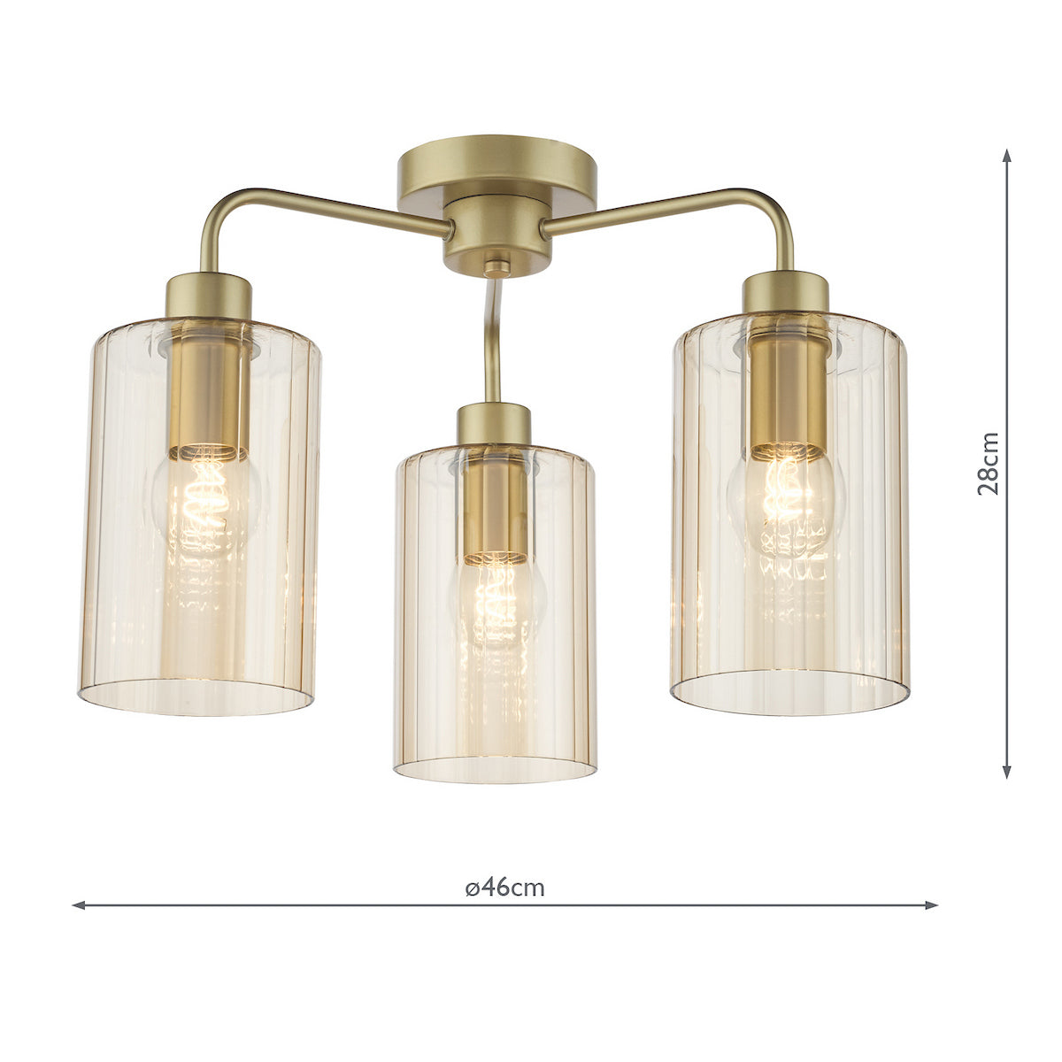Three light ceiling fitting with ribbed glass shades and a gold finish, with dimensions
