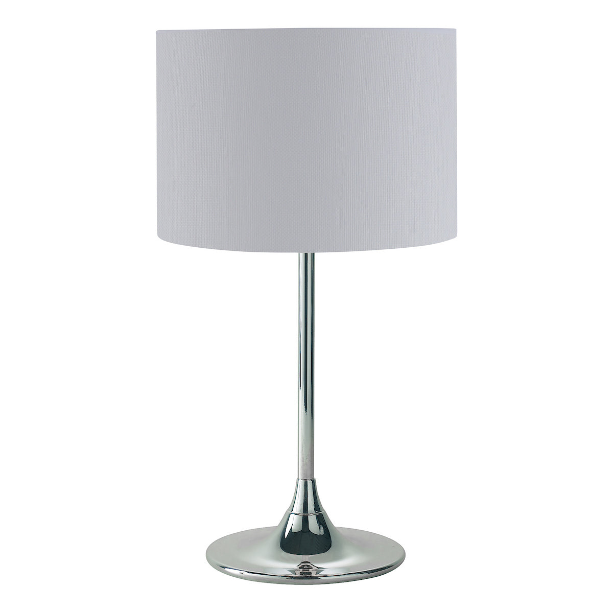 Modern table lamp with a chrome base and a light gray fabric shade.