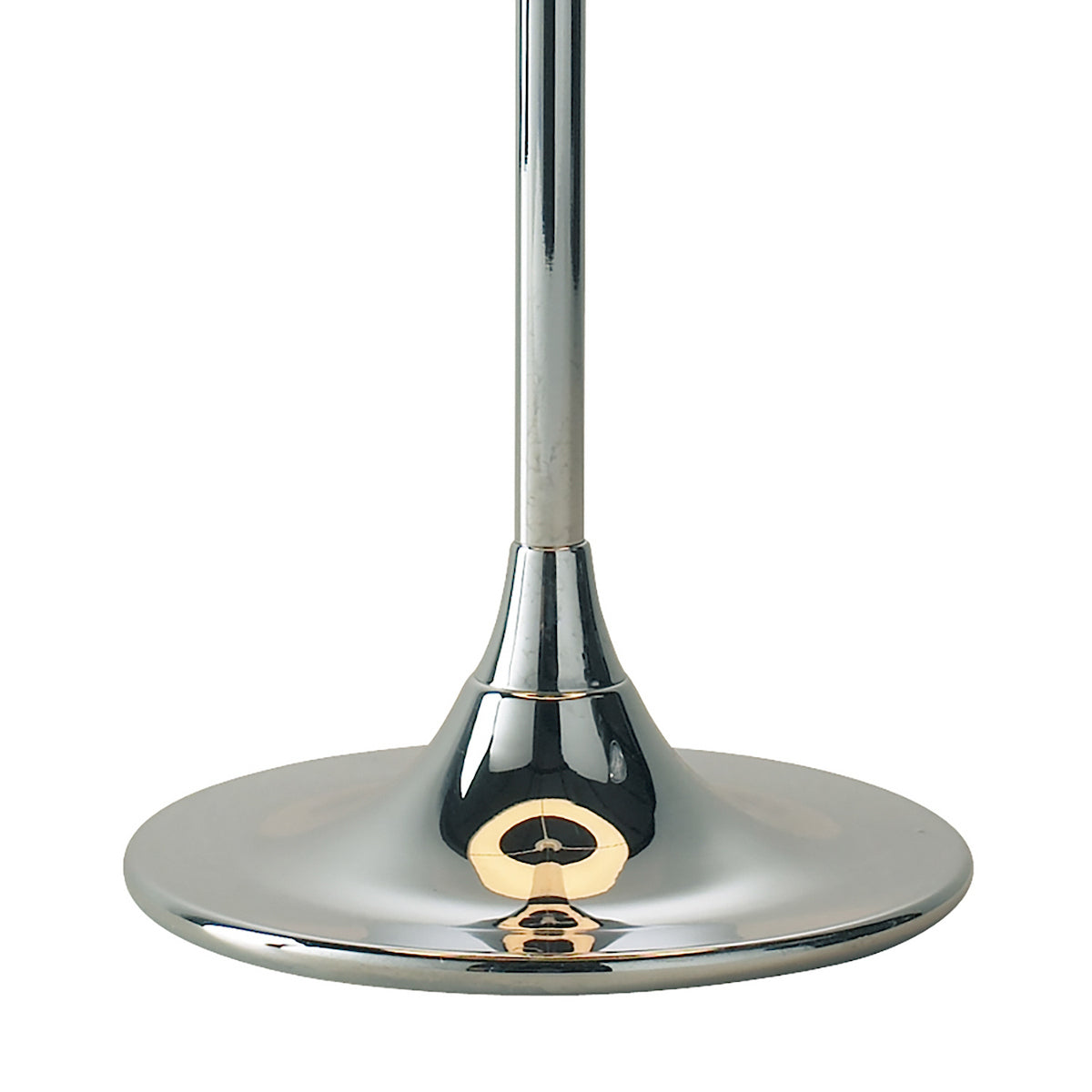 Chrome lamp base with a round, flat bottom and a conical top connecting to a slender pole.