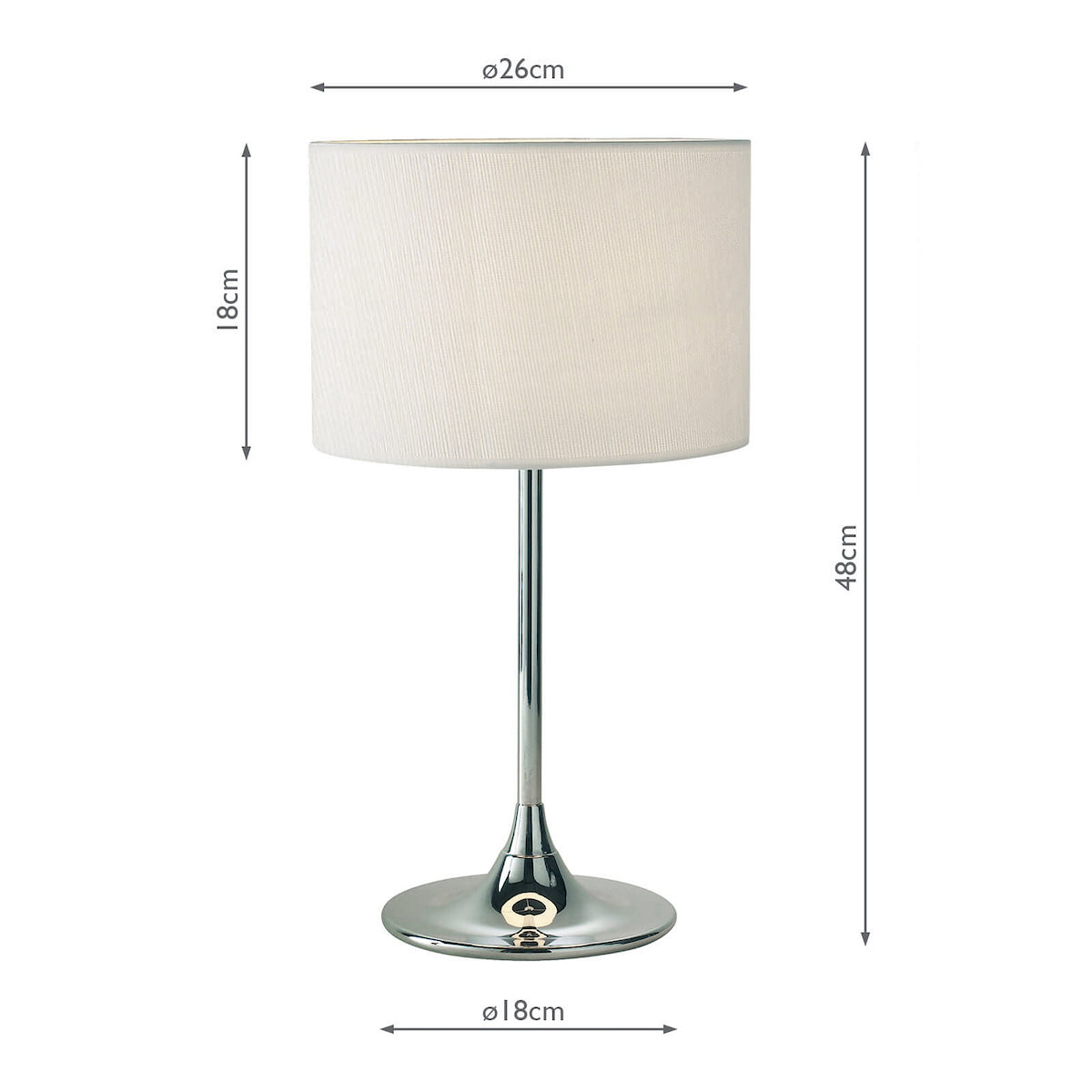 Table lamp with a white shade and chrome base, showing dimensions of 48cm height and 26cm shade diameter.