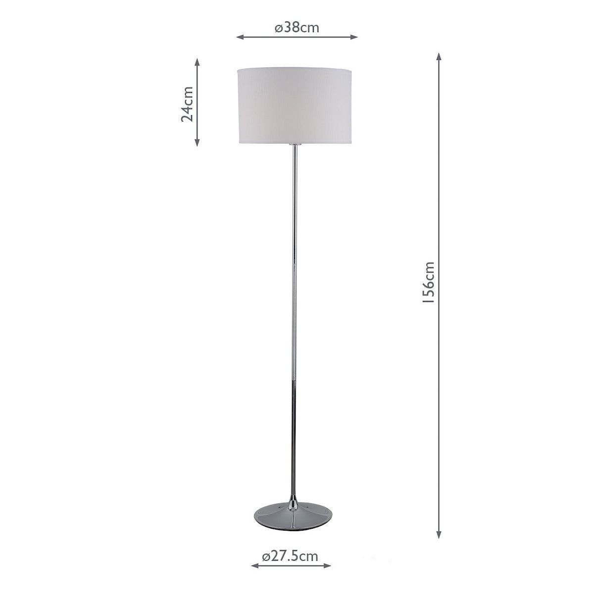 Floor lamp with white shade, chrome pole, and round base, showing dimensions of 156cm height, 38cm shade diameter, 24cm shade height, and 27.5cm base diameter.