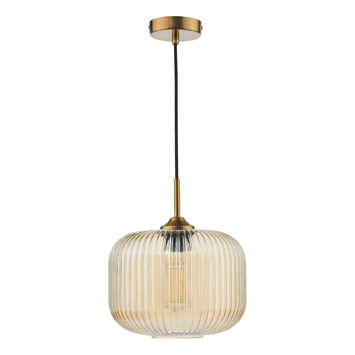 Amber ribbed glass pendant light with brass accents and a black cord.