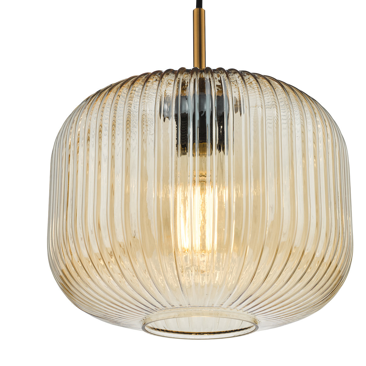 Amber ribbed glass pendant light with a brass rod and exposed bulb.