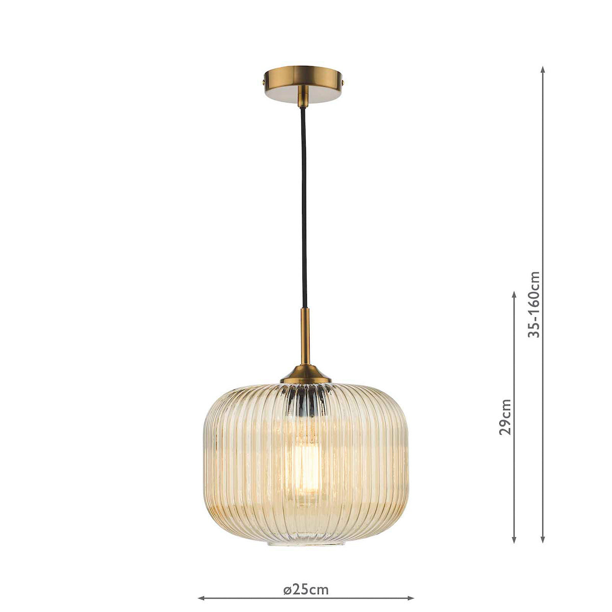 A gold and ribbed glass pendant light with a warm glow, showing dimensions.