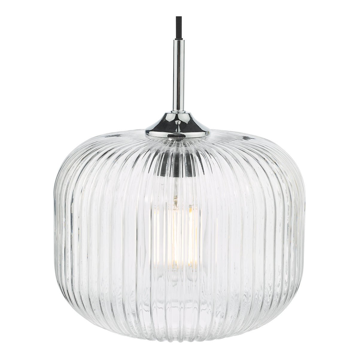 Ribbed glass pendant light with a chrome top and a visible filament bulb, on a white background.
