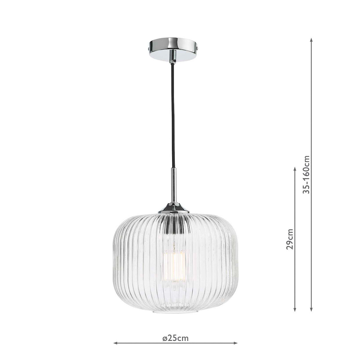 Ribbed glass pendant light with chrome accents and exposed bulb, showing dimensions.