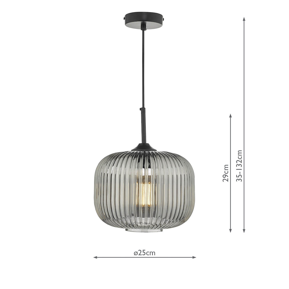 Ribbed glass pendant light with black hardware, showing dimensions of 25cm diameter and 35-132cm height.
