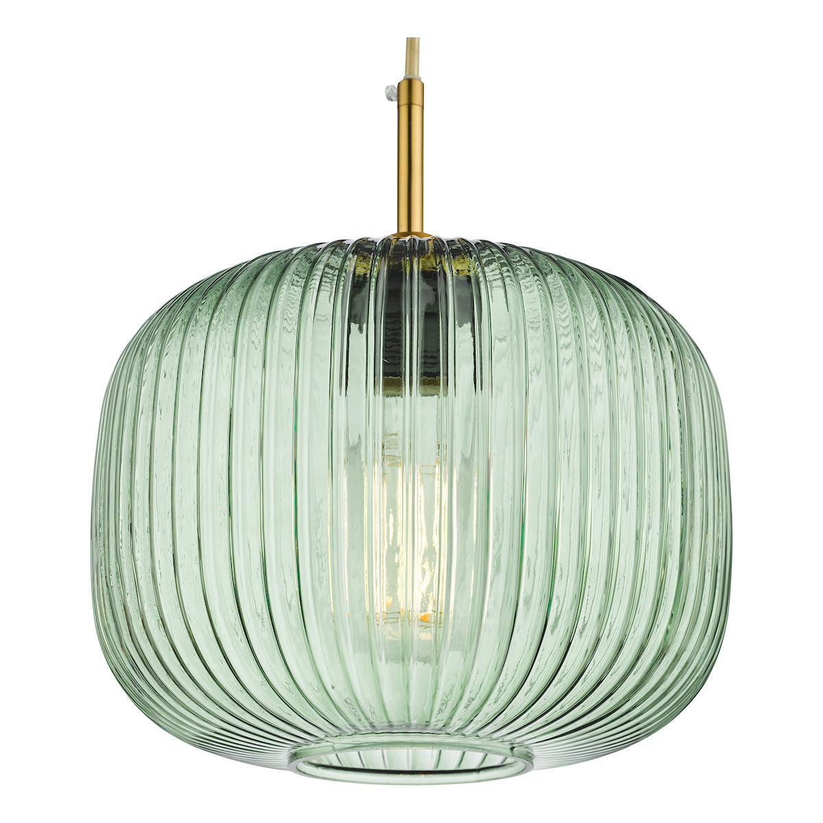 Ribbed green glass pendant light with a brass rod and exposed bulb.