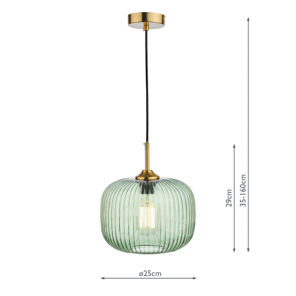 Green ribbed glass pendant light with brass accents and exposed bulb.