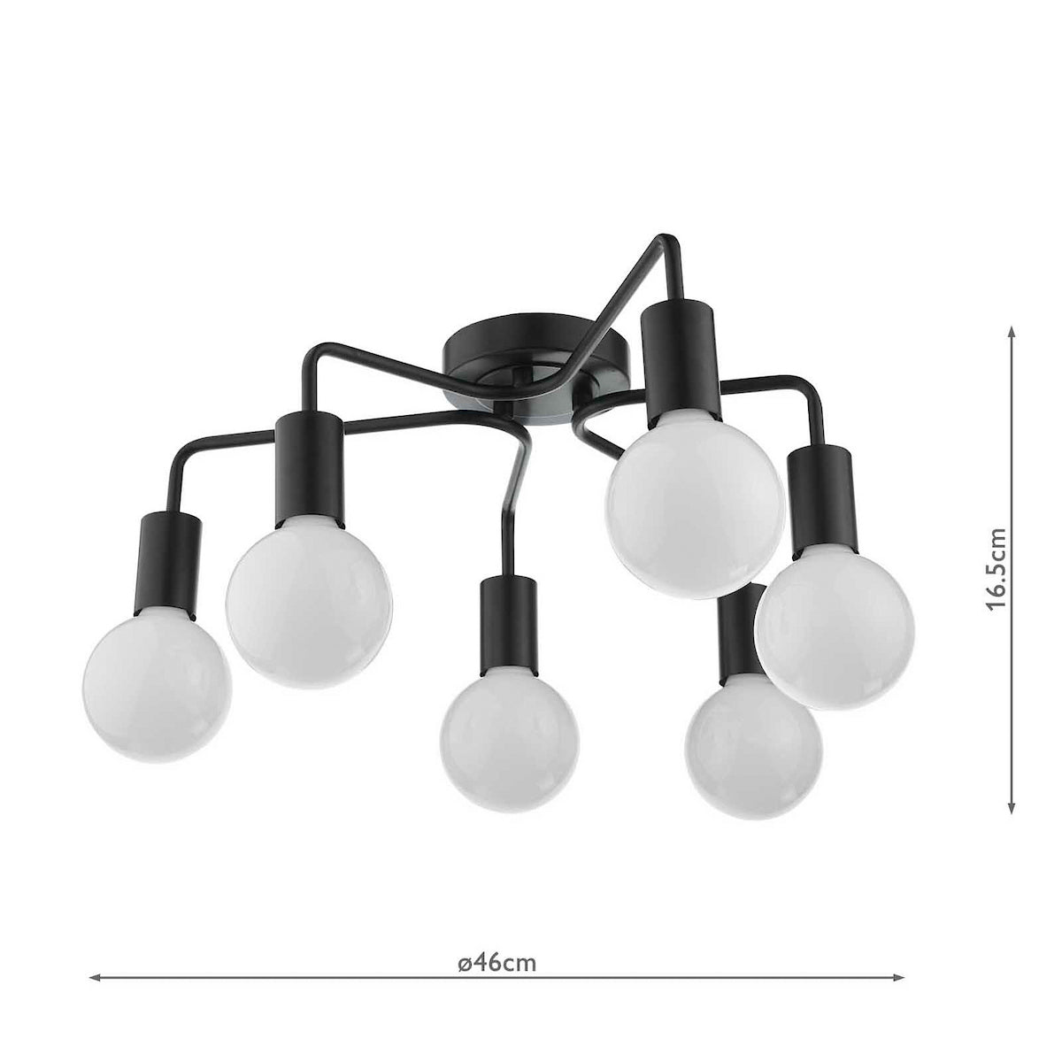 Black ceiling light with six white globe bulbs, showing dimensions of 46cm diameter and 16.5cm height.