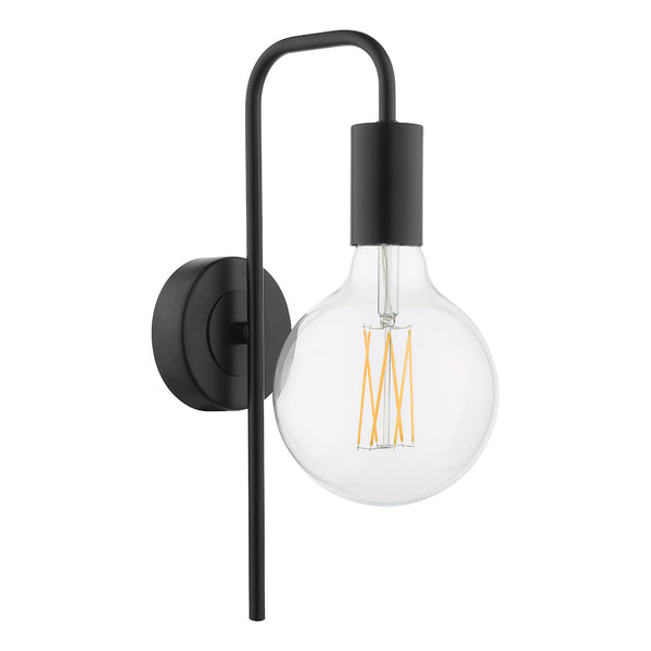 Black wall sconce with a clear globe bulb and visible filaments.