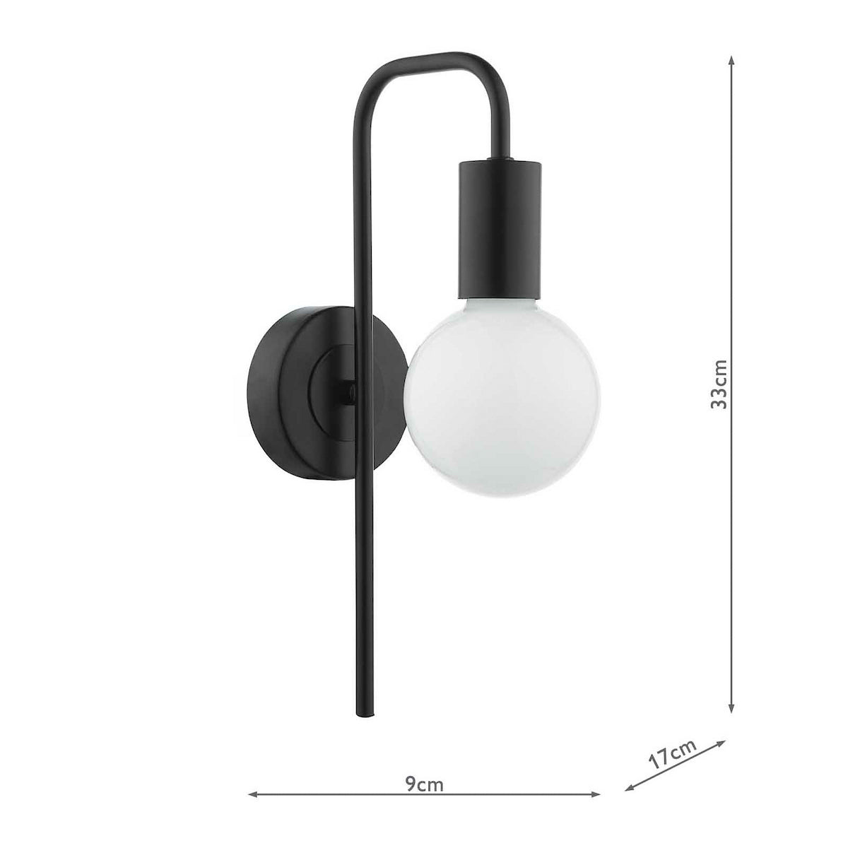 Black wall sconce with a curved arm and a spherical white bulb, showing dimensions.