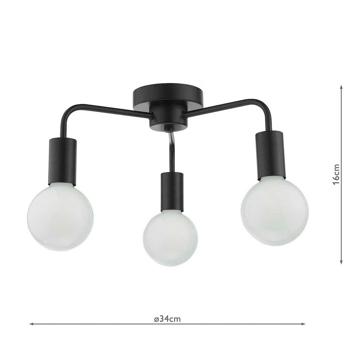 Black ceiling lamp with three white globe bulbs and dimensions of 16cm height and 34cm width.