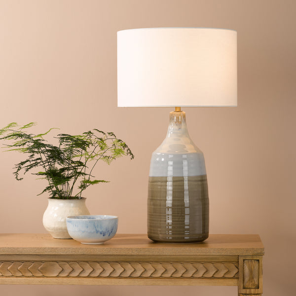 Desirus Ceramic Table Lamp in Blue with Ivory Linen Shade