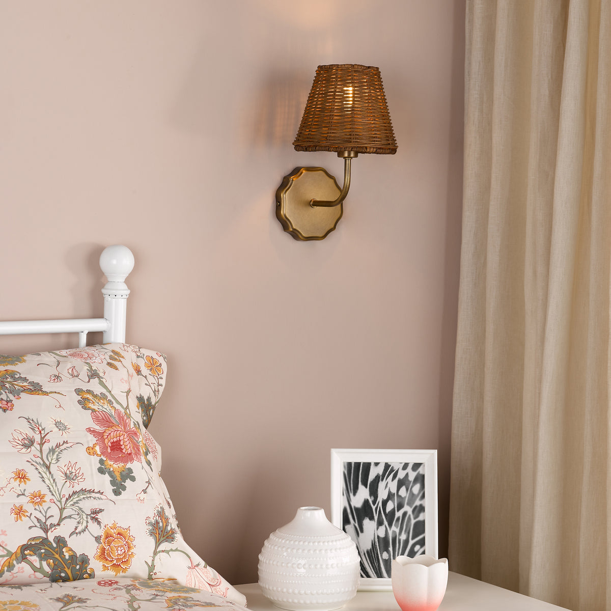 Dijon Wall Light in Antique Bronze with Tapered Brown Rattan Shade