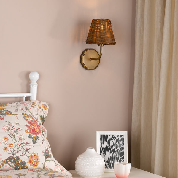 Dijon Wall Light in Antique Bronze with Tapered Brown Rattan Shade