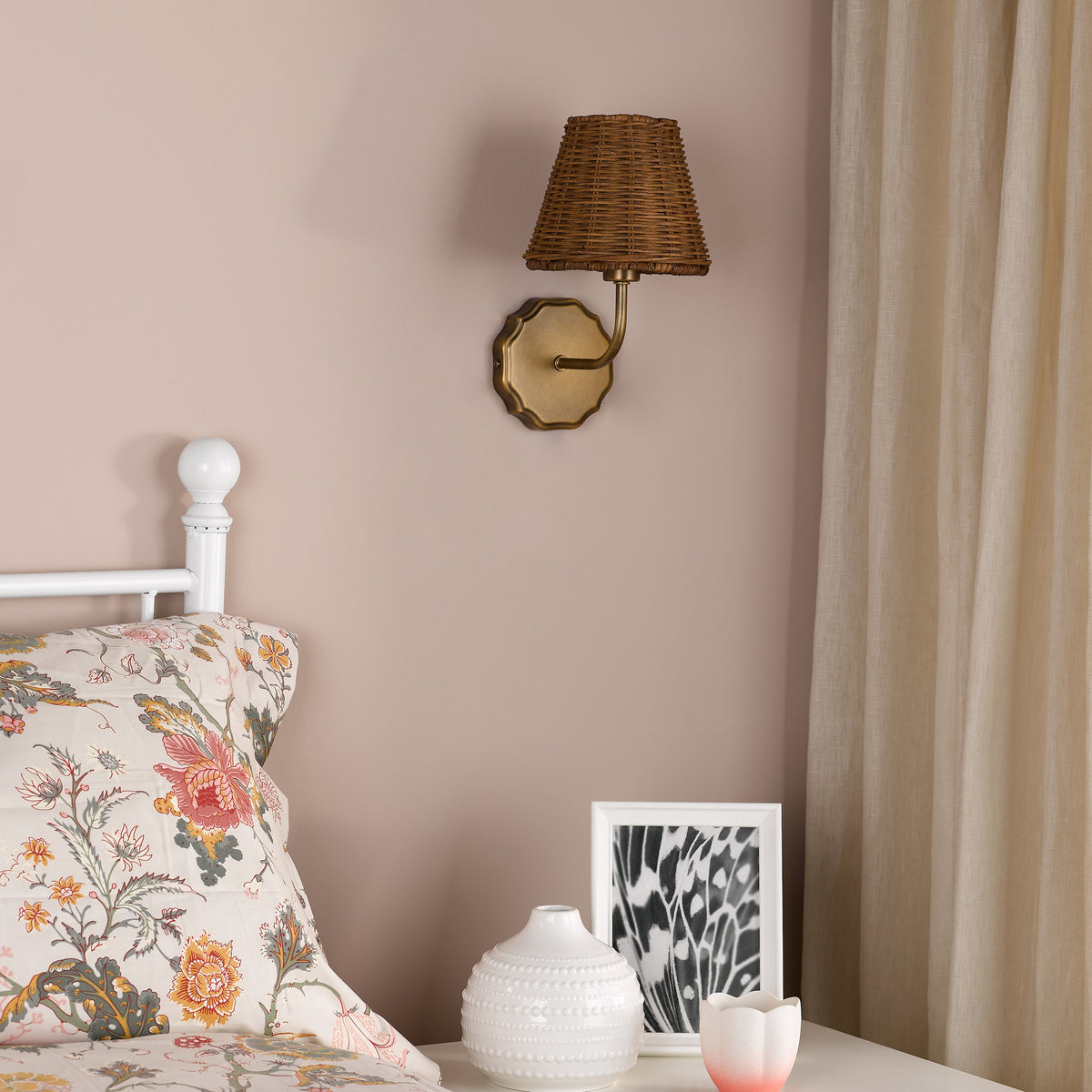 Dijon Wall Light in Antique Bronze with Tapered Brown Rattan Shade