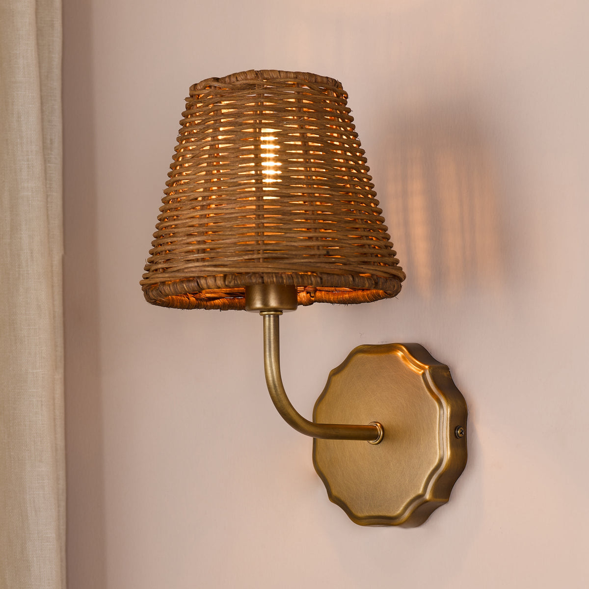 Dijon Wall Light in Antique Bronze with Tapered Brown Rattan Shade