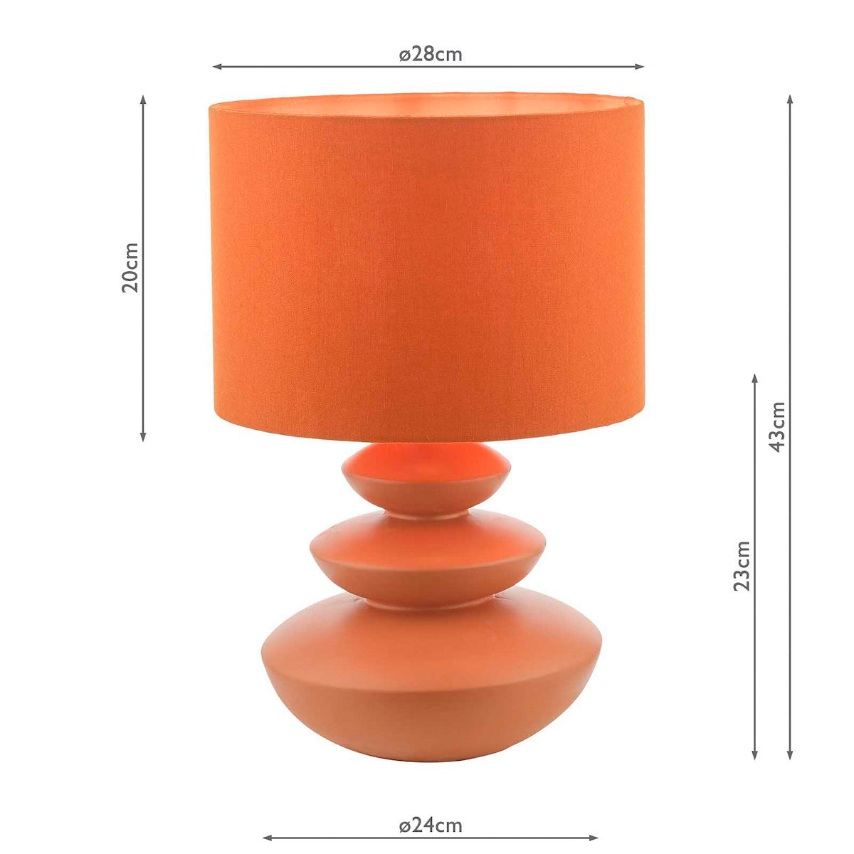 Orange table lamp with a cylindrical shade and a stacked, rounded base. Dimensions are shown.