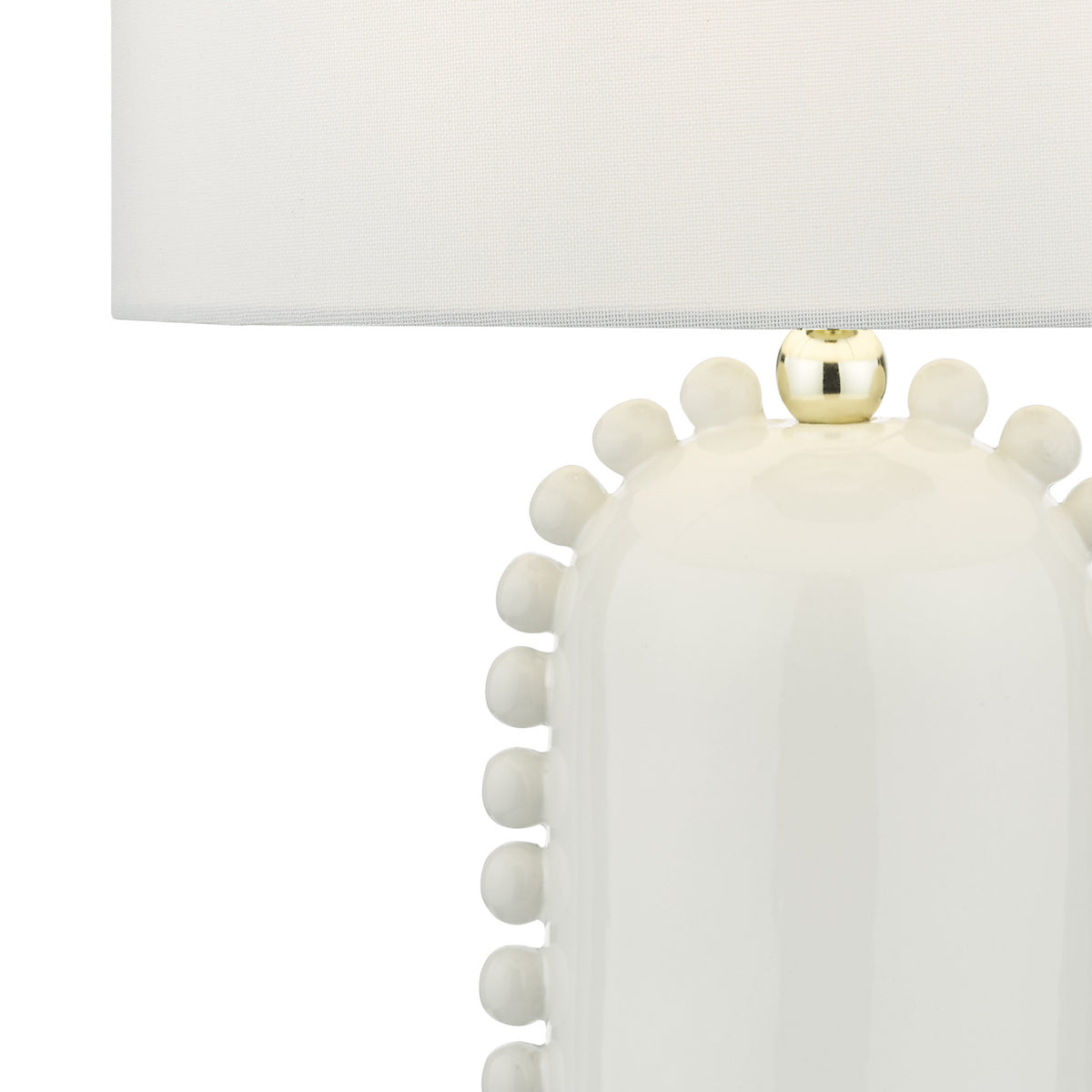 Close-up of a white ceramic table lamp with a textured base and a simple white shade.