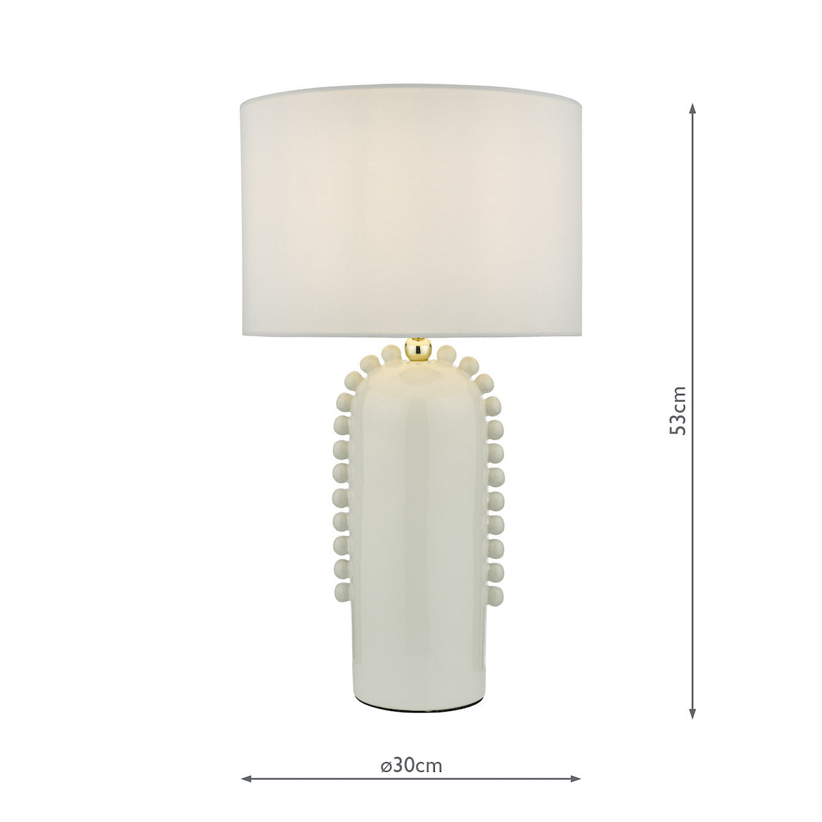 White ceramic table lamp with a textured base and a white fabric shade.