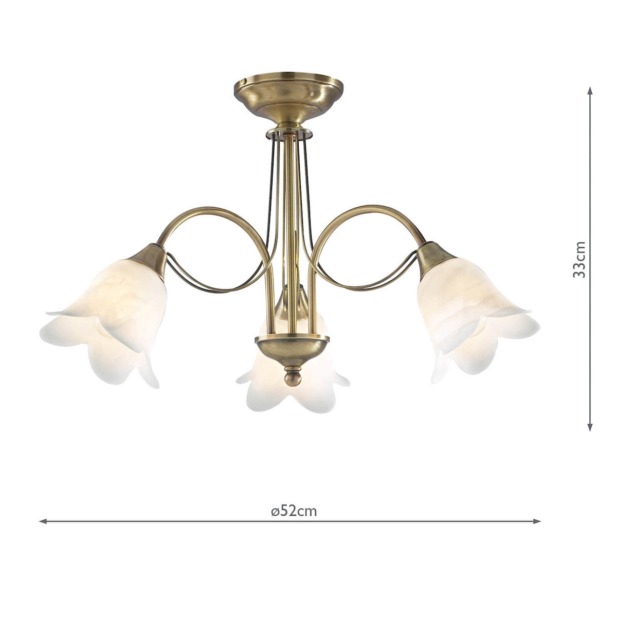 Antique brass ceiling light with three curved arms and frosted glass tulip-shaped shades, showing dimensions.