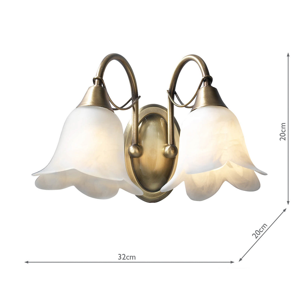 Two-light antique brass wall sconce with frosted glass tulip shades, dimensions 32cm wide by 20cm high.