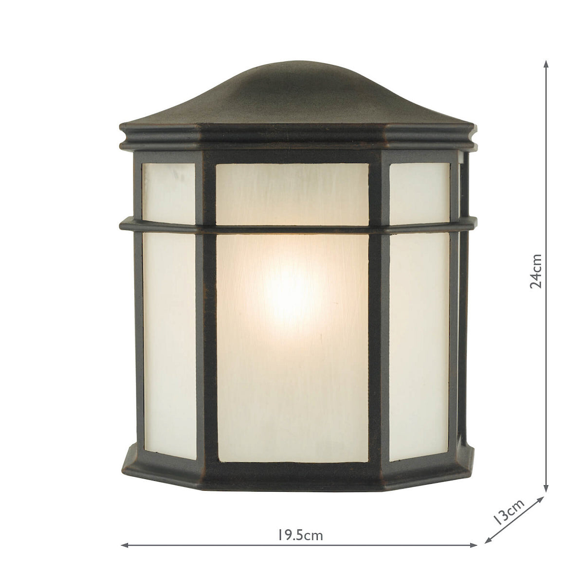 Outdoor wall light with a dark bronze finish and frosted glass panels, showing dimensions.