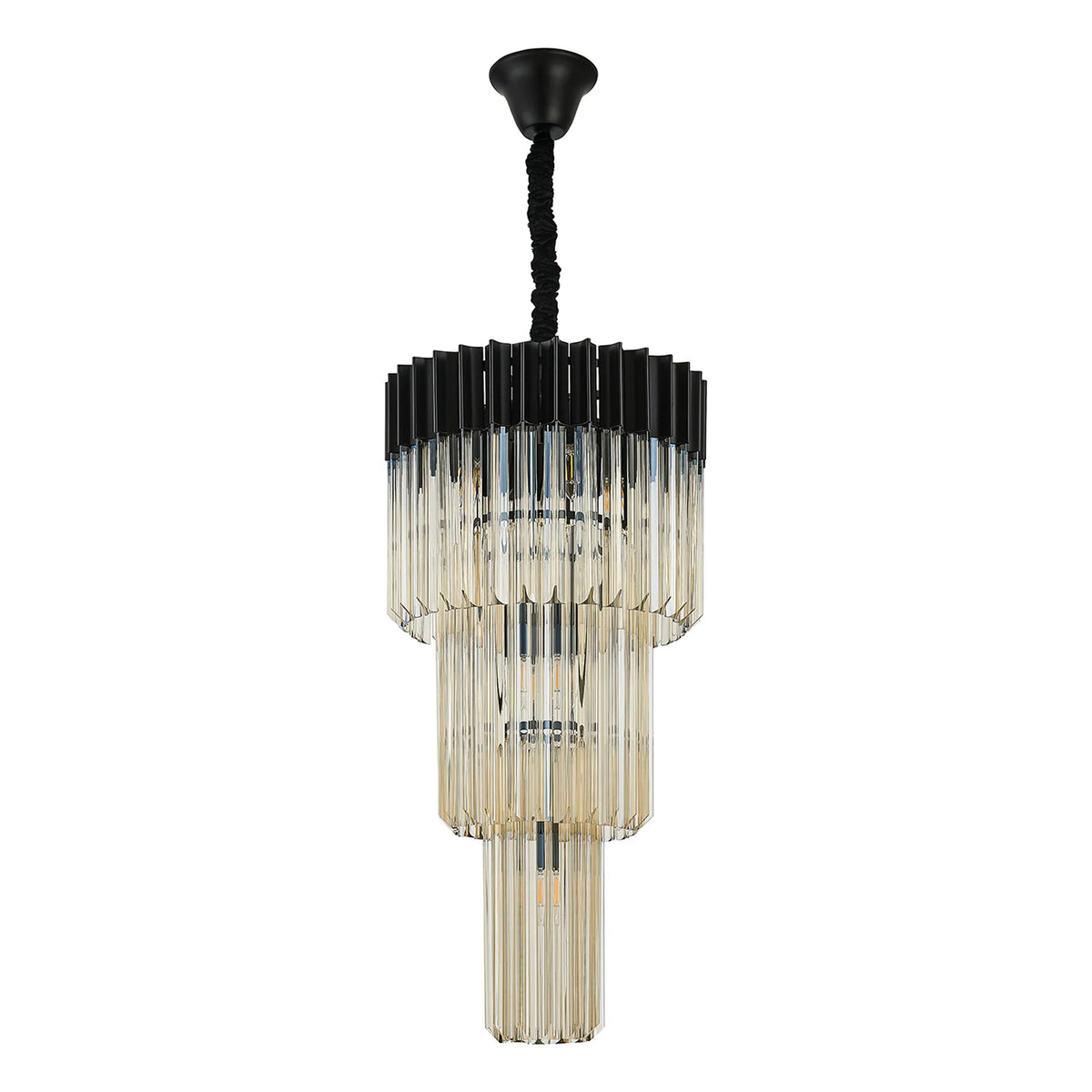 Kentisbeare 400mm 3 Tier Chandelier in Matt Black & Cognac Glass