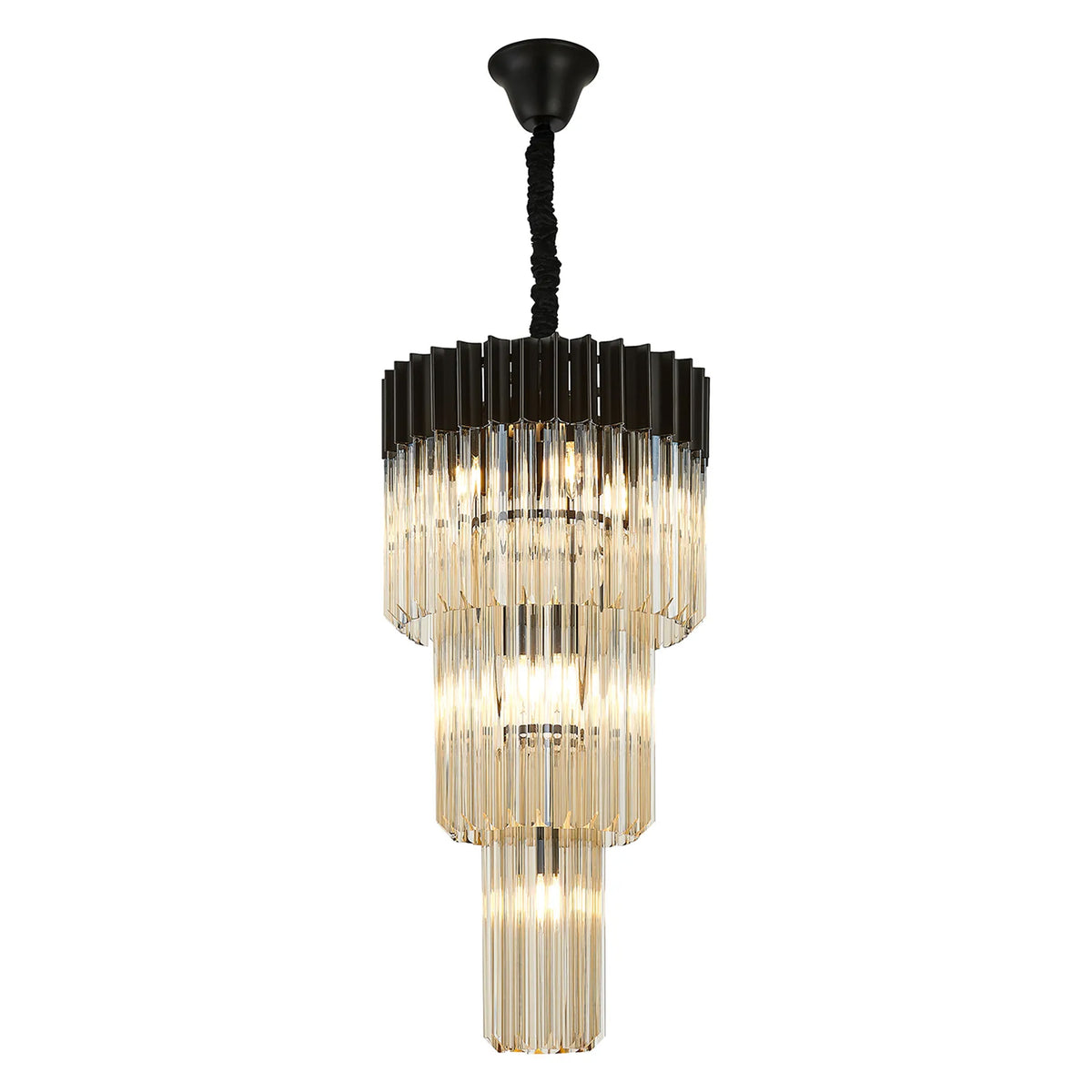 Kentisbeare 400mm 3 Tier Chandelier in Matt Black & Cognac Glass