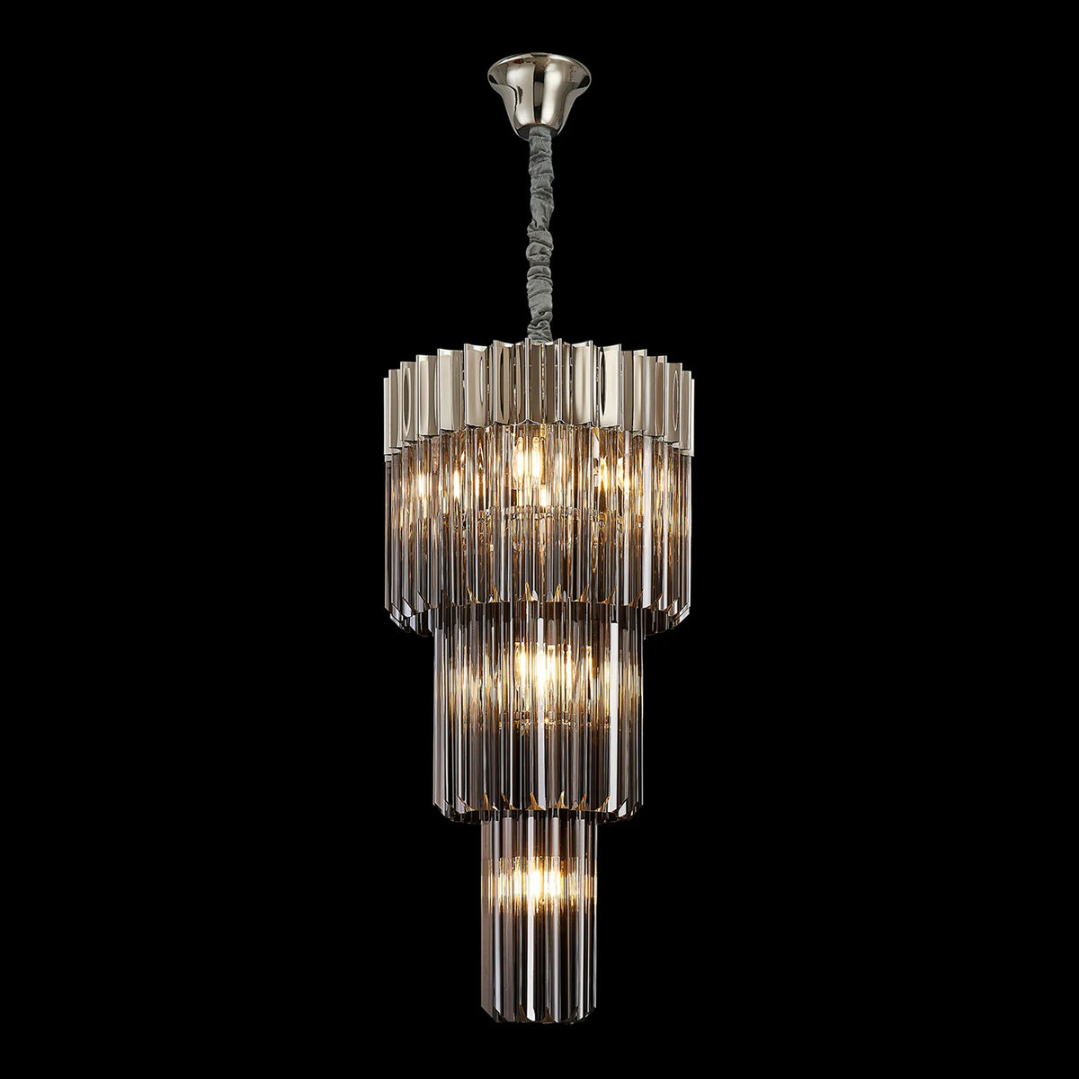 Kentisbeare 400mm 3 Tier Chandelier in Polished Nickel & Smoked Glass