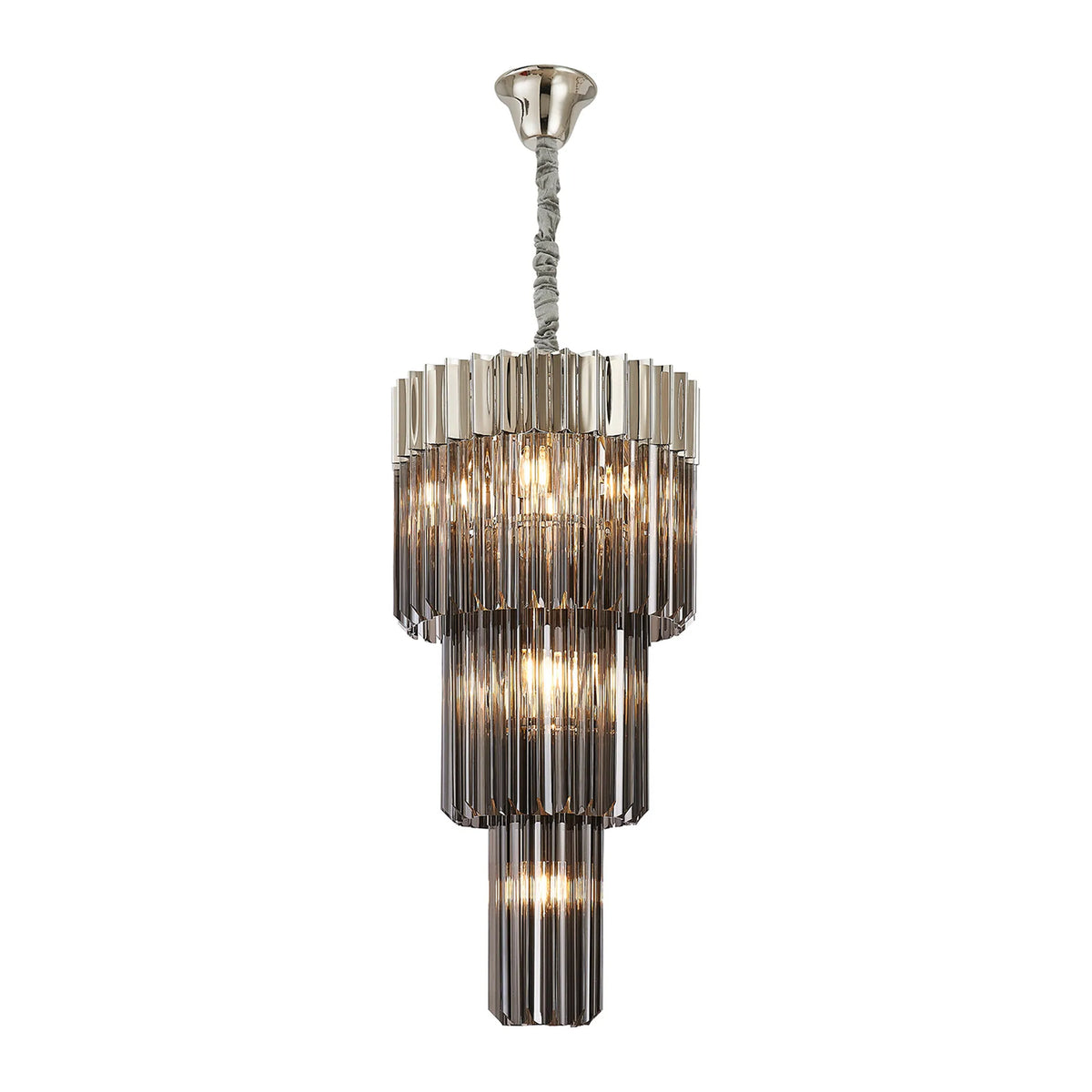 Kentisbeare 400mm 3 Tier Chandelier in Polished Nickel & Smoked Glass