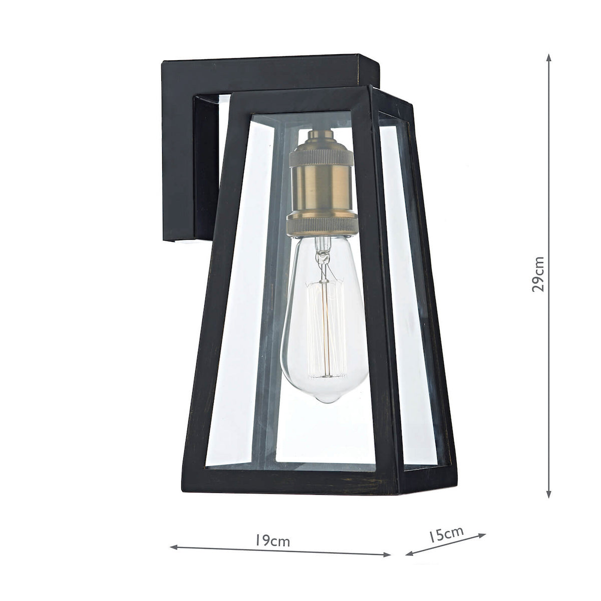 Black metal outdoor wall light with clear glass panels and an exposed filament bulb.