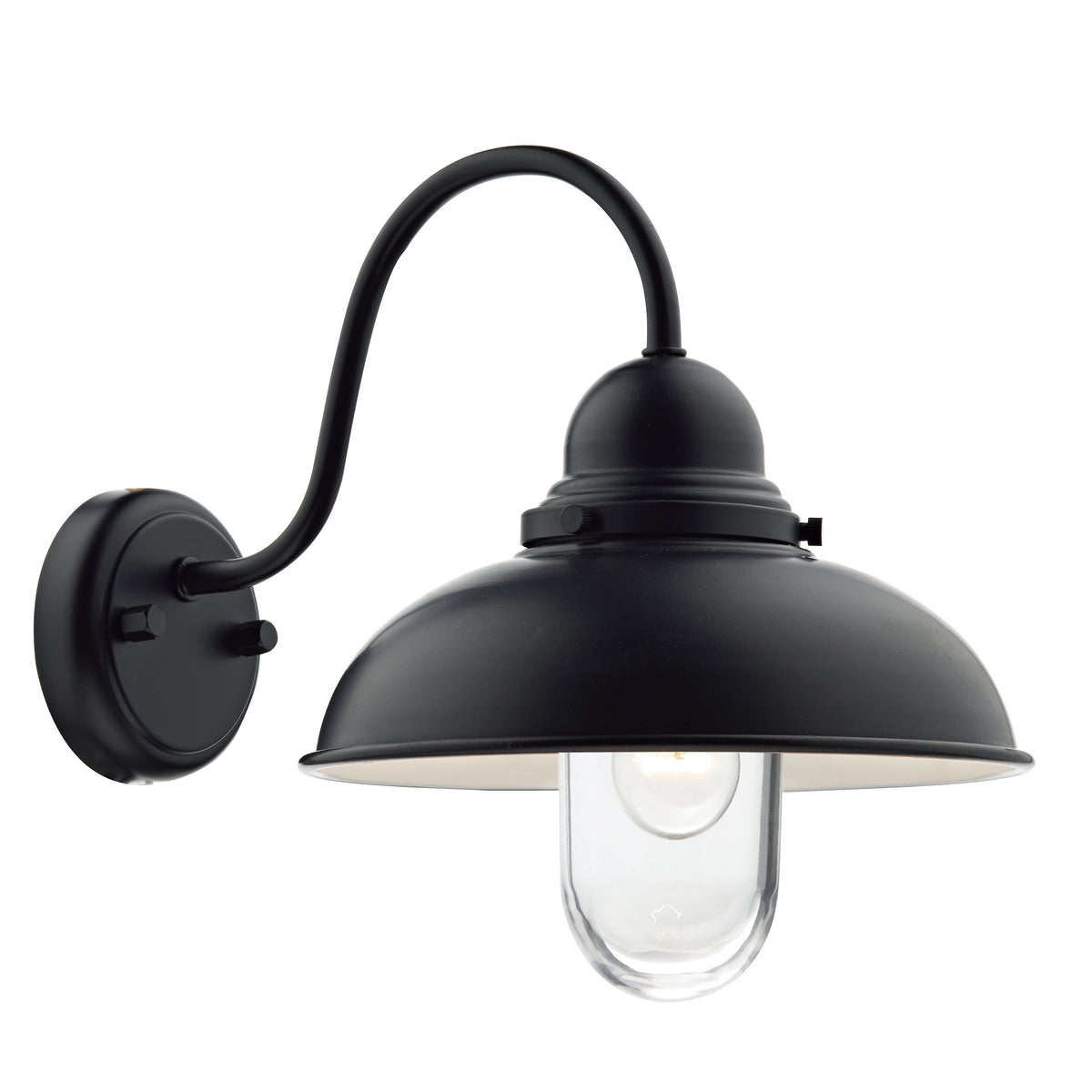 Black outdoor wall light with a curved arm and a clear glass shade