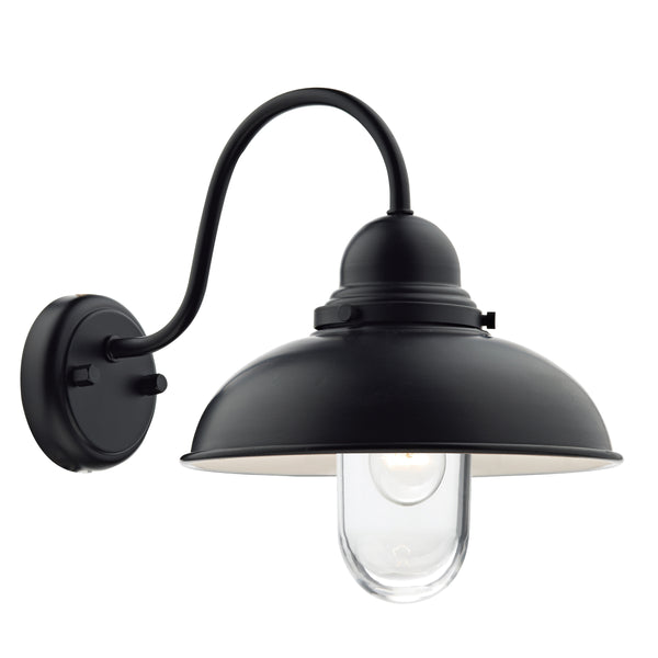 Black outdoor wall light with a curved arm and a clear glass shade