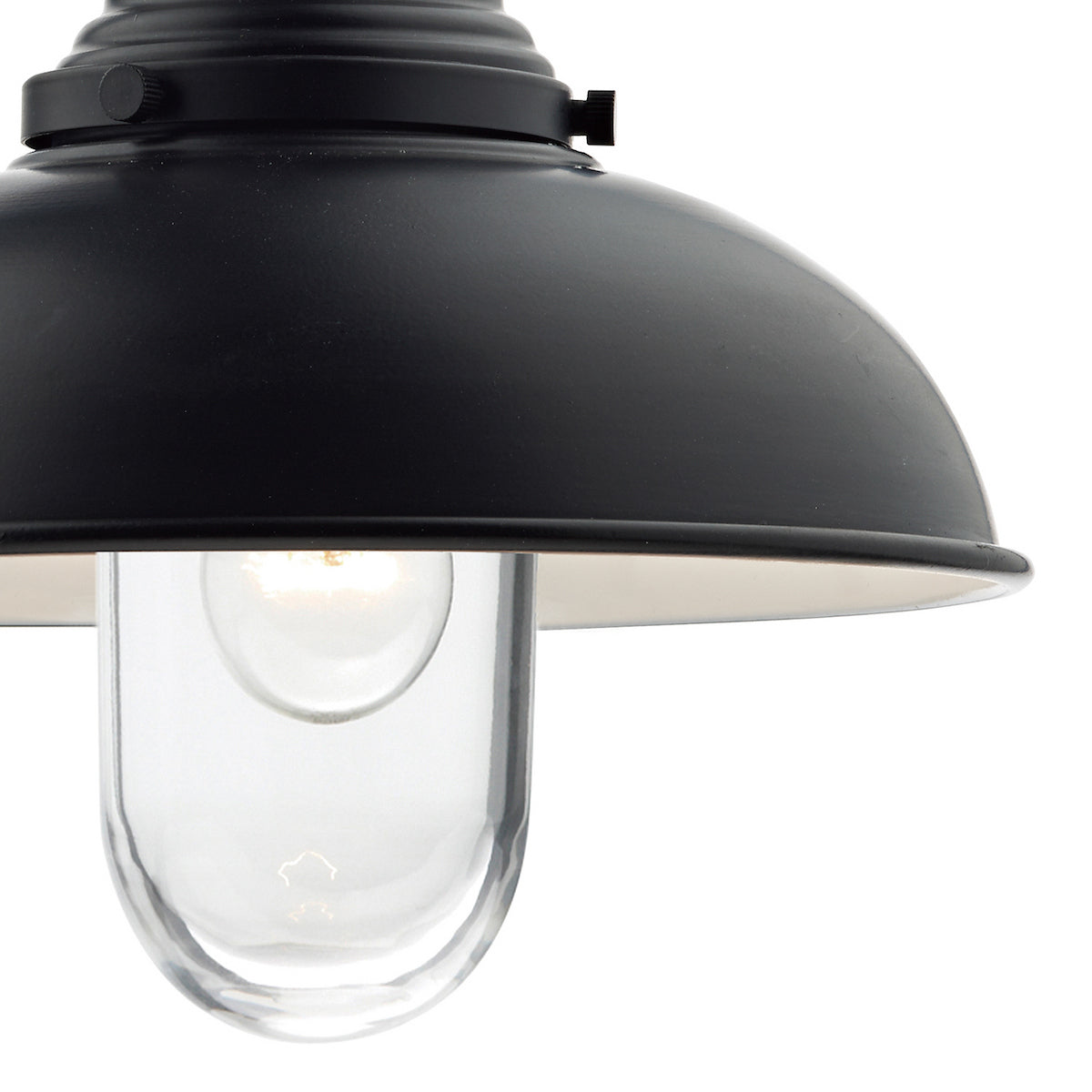 Close up of a black outdoor light with a clear glass shade and a visible light bulb