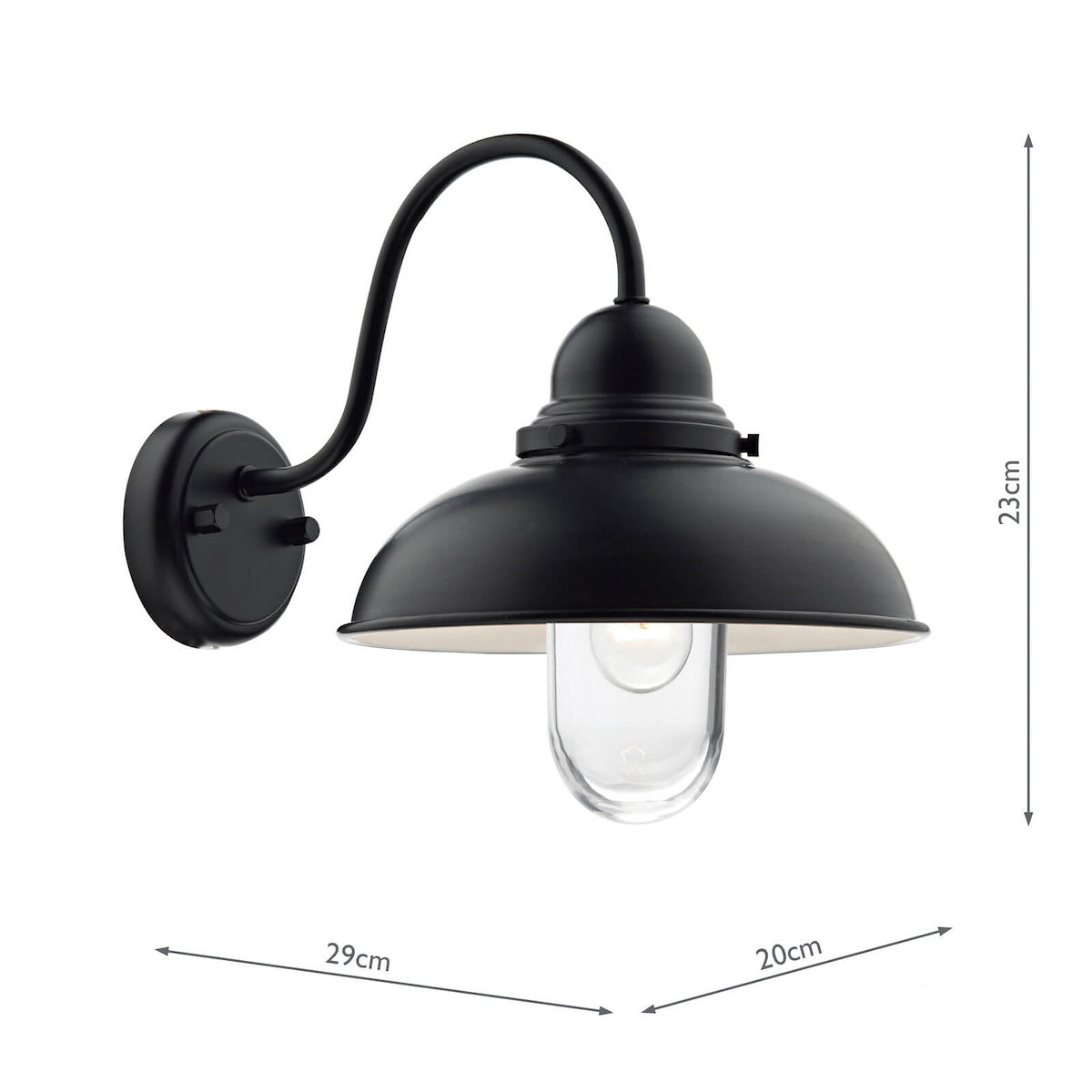Black outdoor wall light with a curved arm and a dome-shaped shade, showing dimensions of 23cm, 29cm, and 20cm
