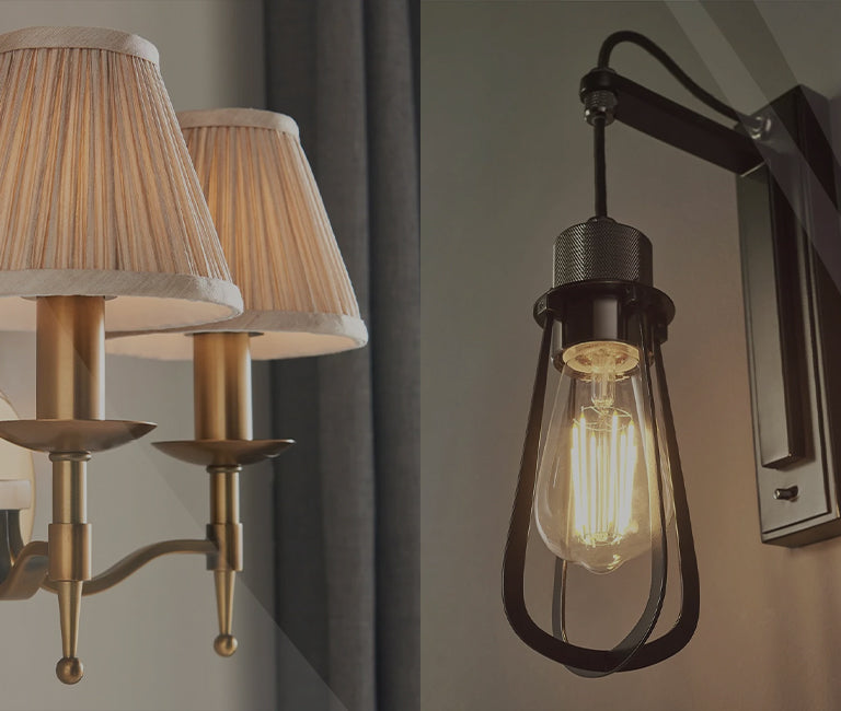 Two wall lights featuring a brass fixture with pleated shades and a black metal cage pendant light