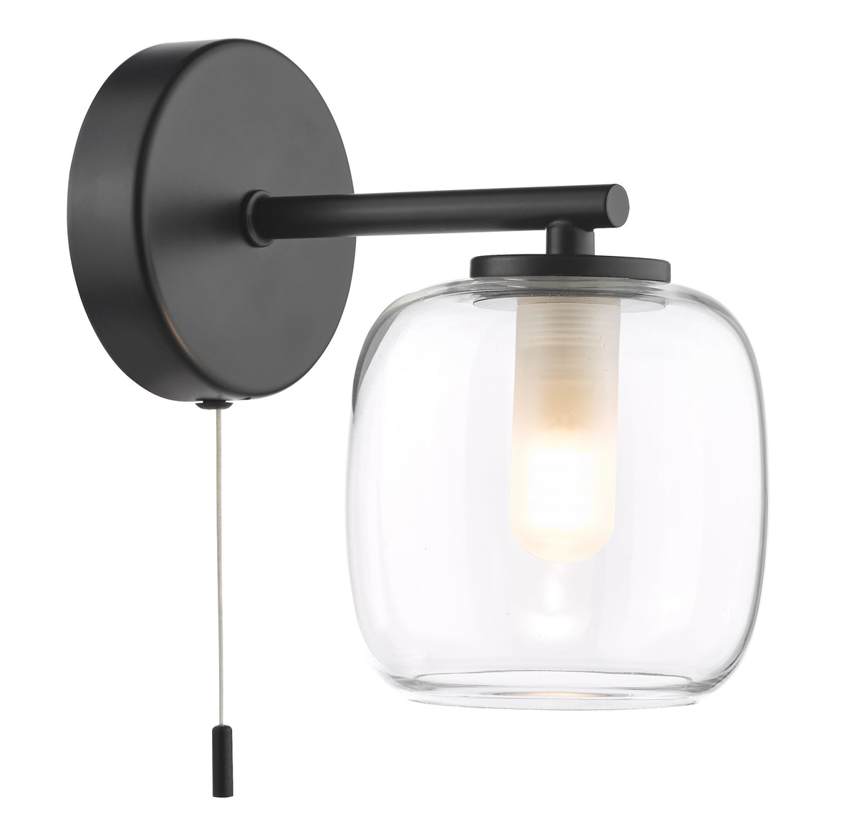 Black wall light with a clear glass shade and a pull cord switch