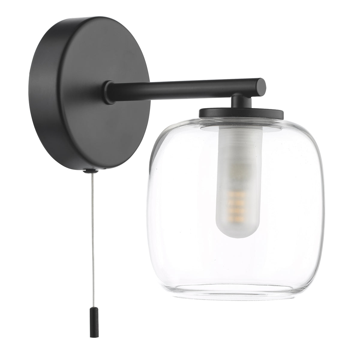 Black wall light with a clear glass shade and a pull cord switch