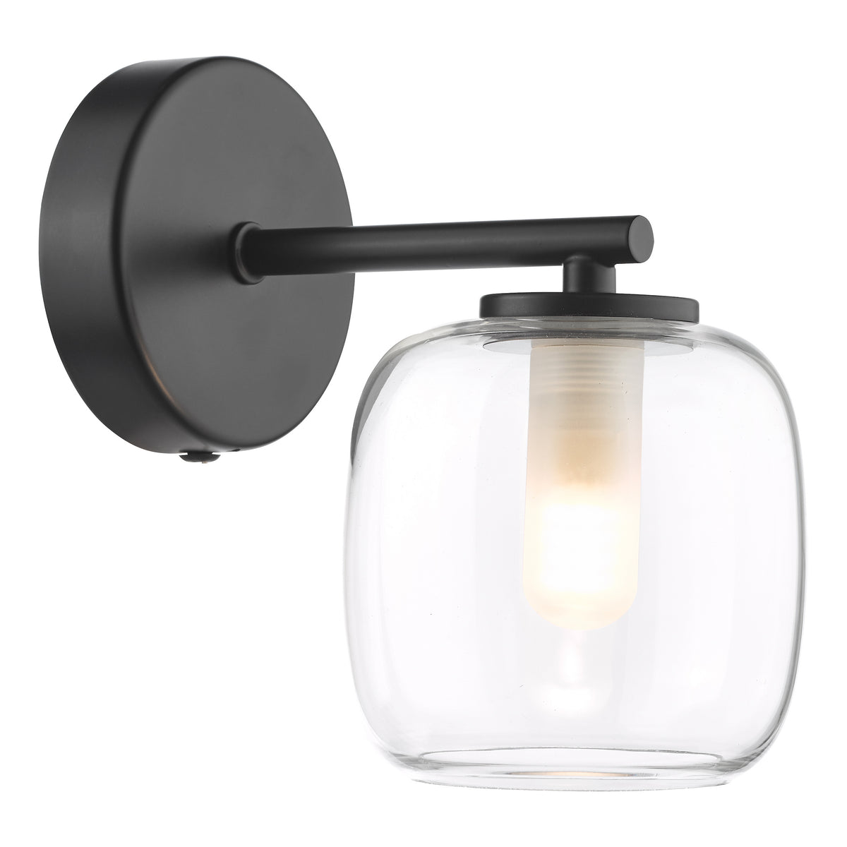Black wall sconce with a clear glass shade and an exposed bulb